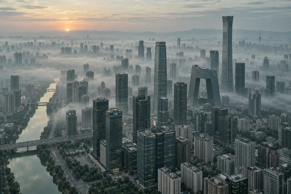 北京 CBD 清晨航拍，高楼与薄雾